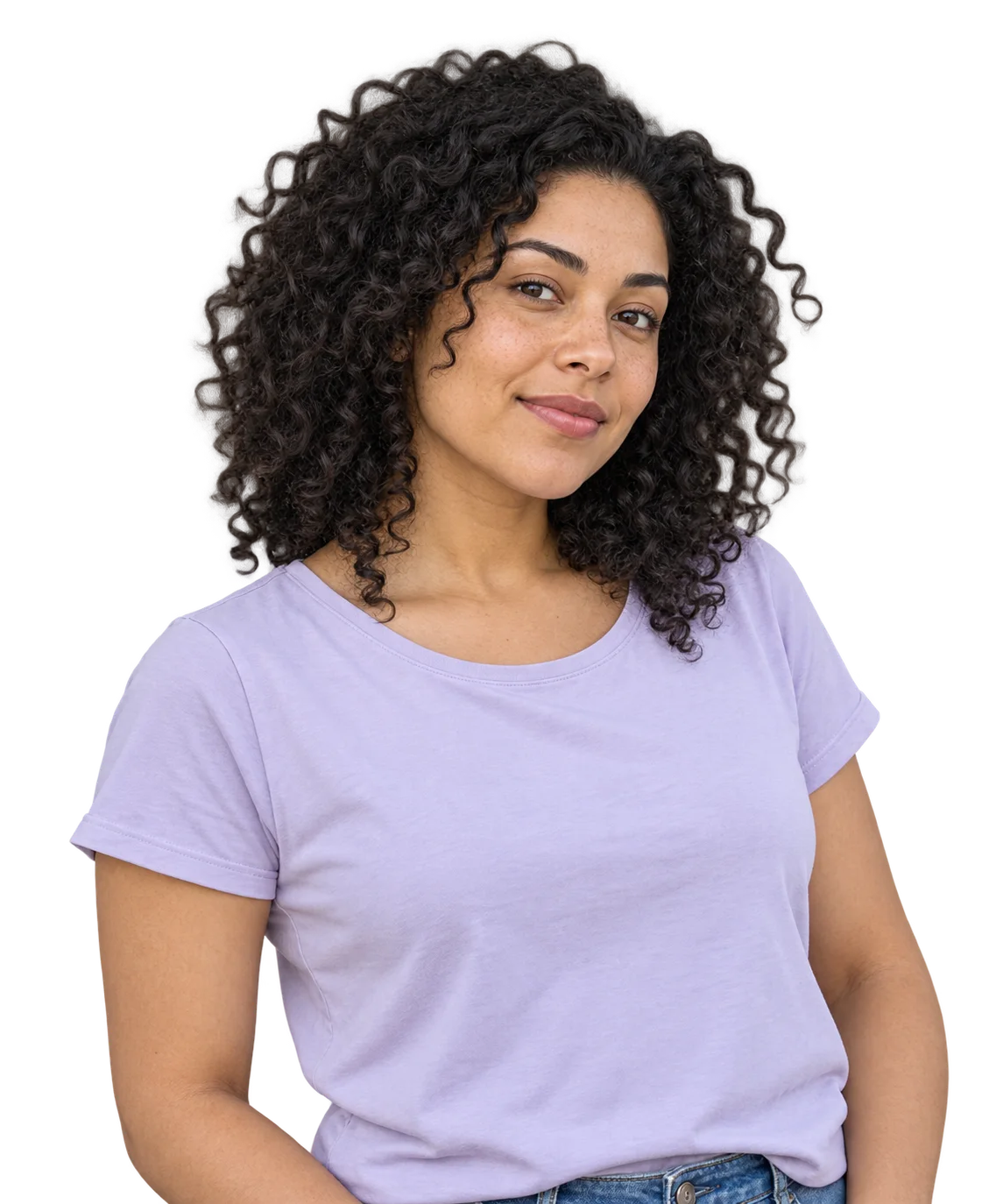 A fictional adult woman, about 24, with curly hair and a lavender shirt.