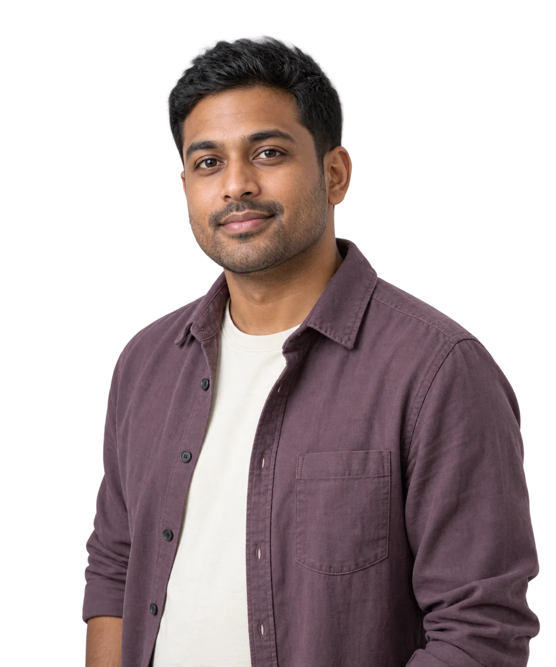 A fictional adult man, about 32, with brown skin and a plum overshirt.