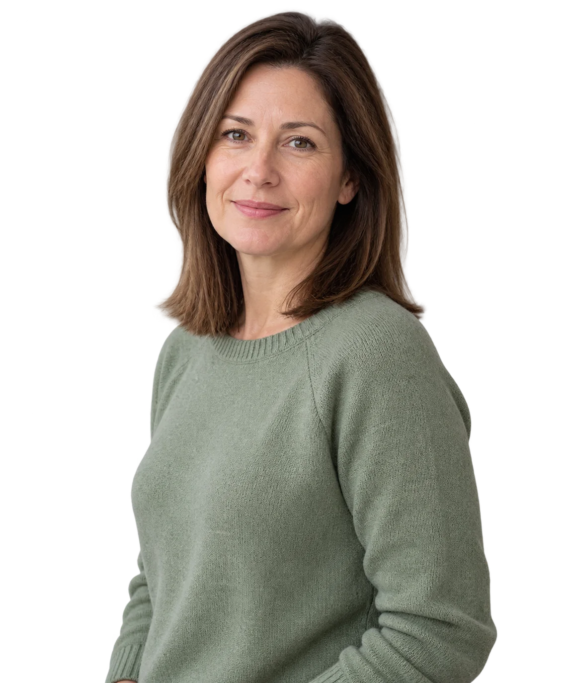 A fictional adult woman, about 45, wearing sage green.