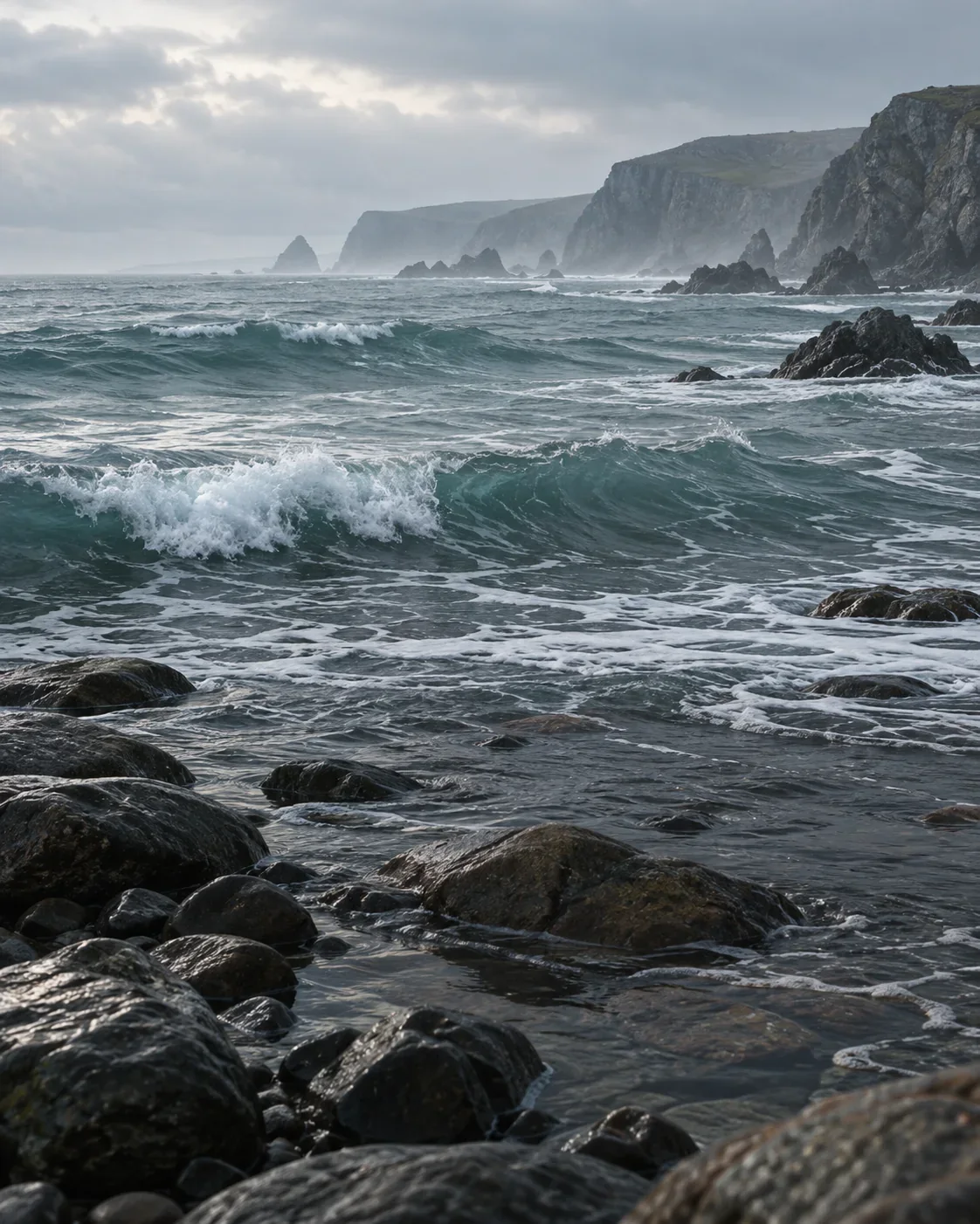 Waves roll toward a rocky shoreline beneath a cloudy sky.