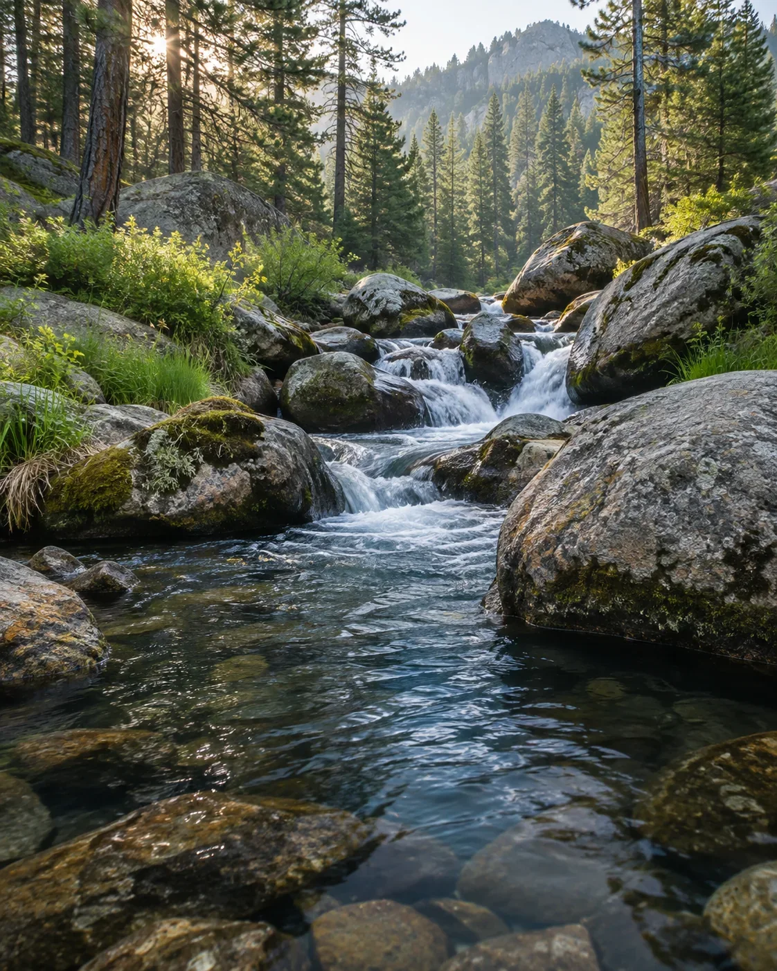 A creek flows around granite boulders in a sunlit pine forest.
